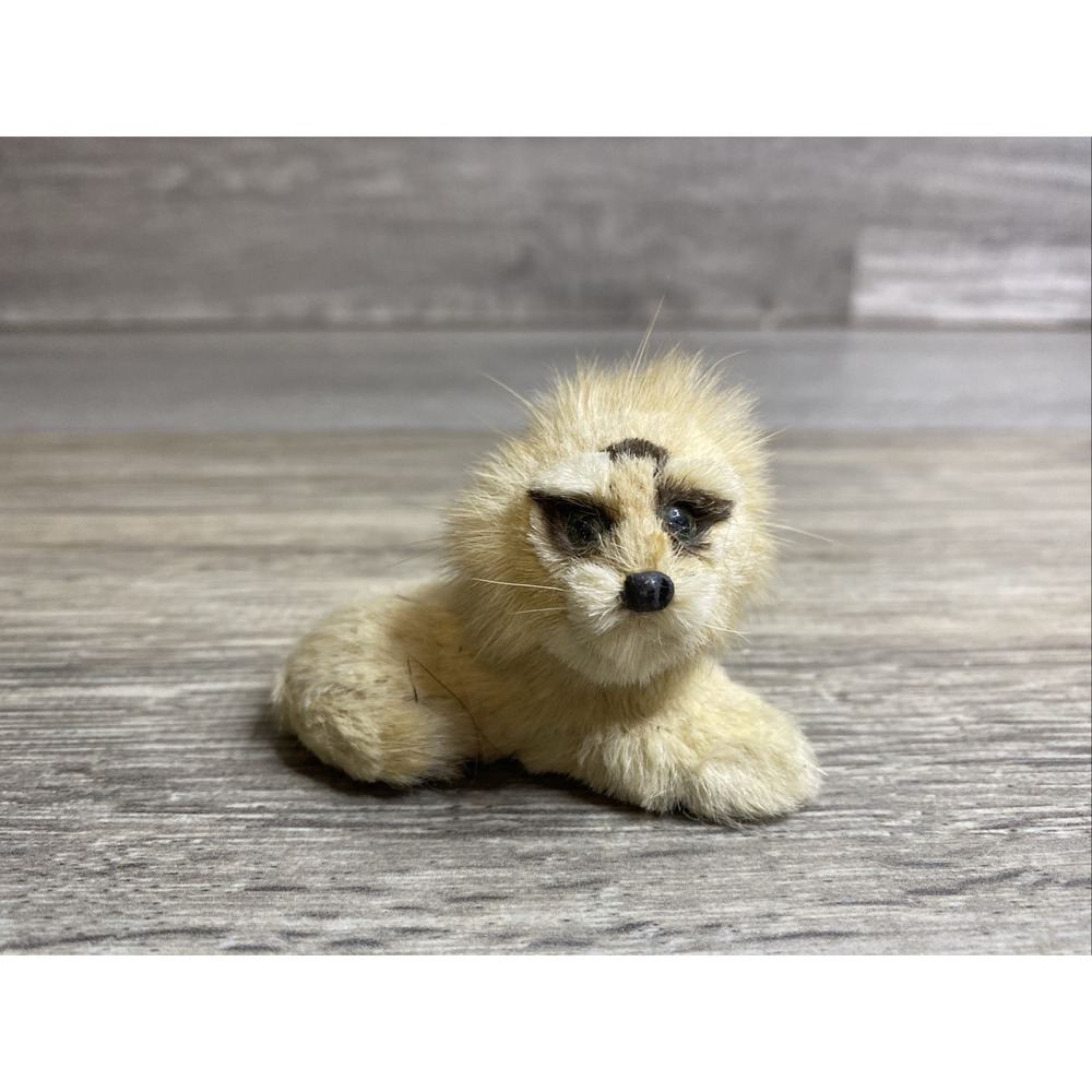 Vintage Mid Century Real Fur Lion Figurine | Kitsch Folk Art Lion Cub Statue wit